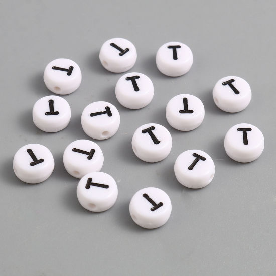 Изображение Acrylic Beads Flat Round Black & White Initial Alphabet/ Capital Letter Pattern Message " T " About 7mm Dia., Hole: Approx 1.4mm, 500 PCs