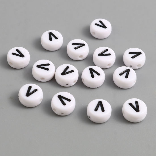 Изображение Acrylic Beads Flat Round Black & White Initial Alphabet/ Capital Letter Pattern Message " V " About 7mm Dia., Hole: Approx 1.4mm, 500 PCs
