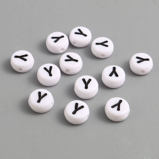Изображение Acrylic Beads Flat Round Black & White Initial Alphabet/ Capital Letter Pattern Message " Y " About 7mm Dia., Hole: Approx 1.4mm, 500 PCs