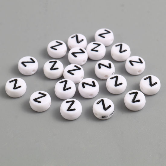 Изображение Acrylic Beads Flat Round Black & White Initial Alphabet/ Capital Letter Pattern Message " Z " About 7mm Dia., Hole: Approx 1.4mm, 500 PCs