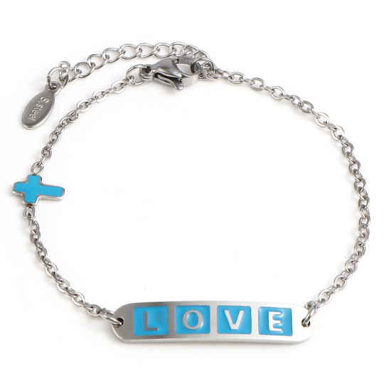 Picture of 304 Stainless Steel Valentine's Day Link Cable Chain Bracelets Silver Tone Blue Oval Cross Word Message " LOVE " Enamel 17cm(6 6/8")-16.5cm(6 4/8") long, 1 Piece