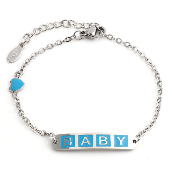 Immagine di 304 Acciaio Inossidabile Elegante Cavo Catena Braccialetti Tono Argento Blu Ovale Cuore Messaggio " baby " Smalto 17cm-16.5cm Lunghezza, 1 Pz
