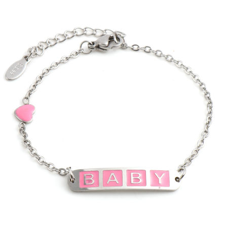 Bild von 304 Edelstahl Stilvoll Gliederkette Kette Armband Silberfarbe Rosa Oval Herz Message " baby " Emaille 17cm-16.5cm lang, 1 Strang
