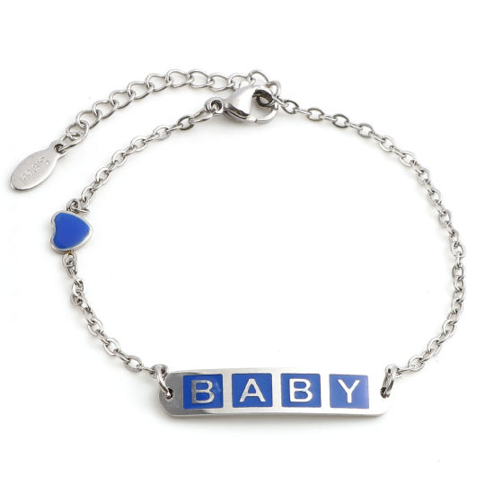 Immagine di 304 Acciaio Inossidabile Elegante Cavo Catena Braccialetti Tono Argento Blu Scuro Ovale Cuore Messaggio " baby " Smalto 17cm-16.5cm Lunghezza, 1 Pz