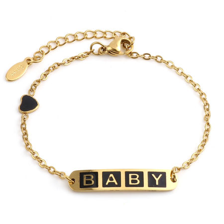 Bild von 1 Strang Vakuumbeschichtung 304 Edelstahl Stilvoll Gliederkette Kette Armband Vergoldet Schwarz Oval Herz Message " baby " Emaille 17cm-16.5cm lang