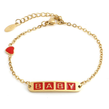 Bild von 1 Strang Vakuumbeschichtung 304 Edelstahl Stilvoll Gliederkette Kette Armband Vergoldet Rot Oval Herz Message " baby " Emaille 17cm-16.5cm lang