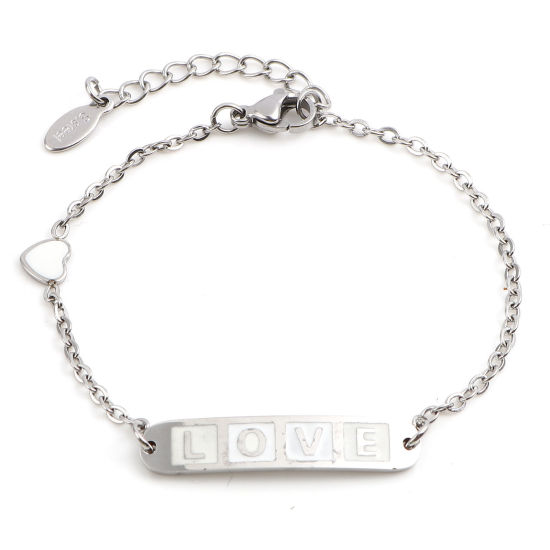 Imagen de 304 Acero Inoxidable día de San Valentín Cable Cadena Cruz Pulseras Tono de Plata Blanco Óvalo Corazón " Amor " Esmalte 17cm-16.5cm longitud, 1 Unidad