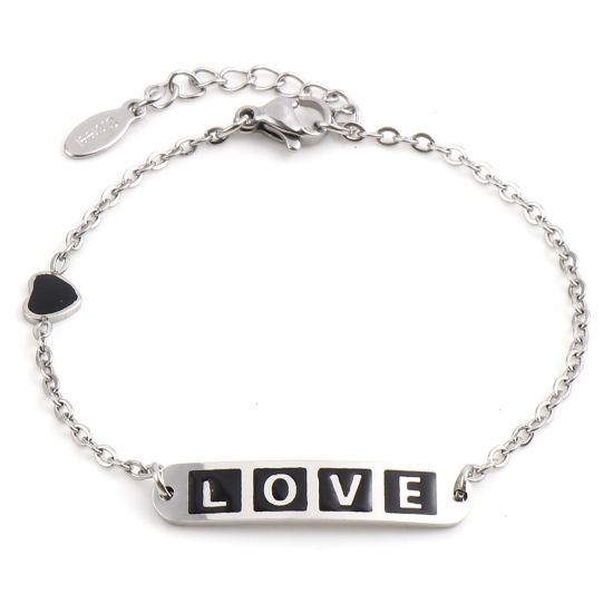 Imagen de 304 Acero Inoxidable día de San Valentín Cable Cadena Cruz Pulseras Tono de Plata Negro Óvalo Corazón " Amor " Esmalte 17cm-16.5cm longitud, 1 Unidad