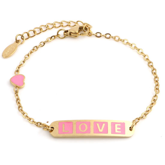 Imagen de 1 Unidad Enchapado al Vacío 304 Acero Inoxidable día de San Valentín Cable Cadena Cruz Pulseras Chapado en Oro Rosado Óvalo Corazón " Amor " Esmalte 17cm-16.5cm longitud