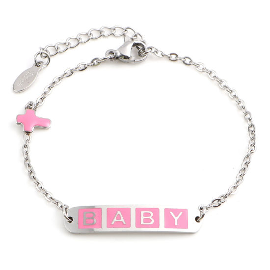 Imagen de 304 Acero Inoxidable Elegante Cable Cadena Cruz Pulseras Tono de Plata Rosado Óvalo Cruz " Bebé " Esmalte 17cm-16.5cm longitud, 1 Unidad