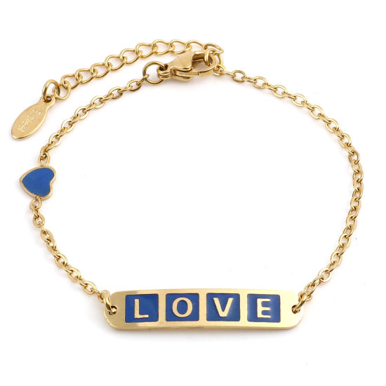 Imagen de 1 Unidad Enchapado al Vacío 304 Acero Inoxidable día de San Valentín Cable Cadena Cruz Pulseras Chapado en Oro Azul Oscuro Óvalo Corazón " Amor " Esmalte 17cm-16.5cm longitud