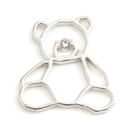 Immagine di Lega di Zinco Charms Orso Tono Argento Trasparente Strass 25mm x 23mm , 10 Pz