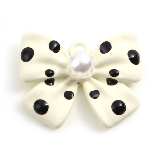 Bild von Zinklegierung & Acryl Spritzlackierung Charms Schleife Beige & Schwarz Imitat Perle 22mm x 18mm, 5 Stück