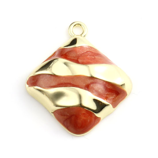 Picture of Zinc Based Alloy Charms Rhombus Gold Plated Dark Orange-red Enamel 25mm x 22mm, 5 PCs