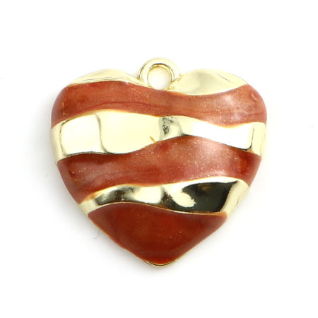 Bild von Zinklegierung Valentinstag Charms Herz Vergoldet Dunkel Orangerot Emaille 20mm x 20mm, 5 Stück