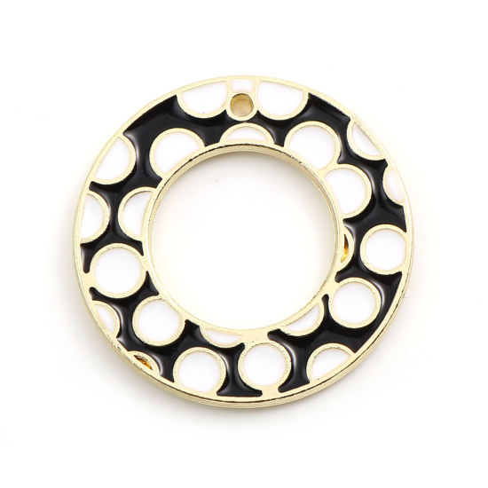 Imagen de Zamak Colgantes Charms Anillo Chapado en Oro Negro & Blanco Círculo Esmalte 26mm Dia, 5 Unidades