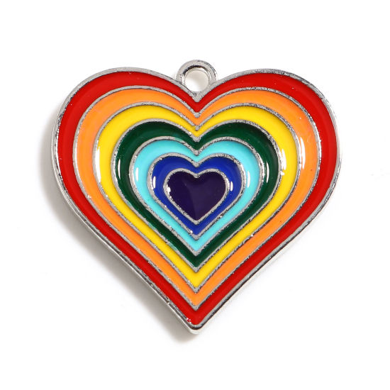 Immagine di Lega di Zinco San Valentino Charms Cuore Tono Argento Multicolore Smalto 29mm x 28mm , 5 Pz