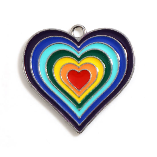 Immagine di Lega di Zinco San Valentino Charms Cuore Tono Argento Multicolore Smalto 29mm x 28mm , 5 Pz