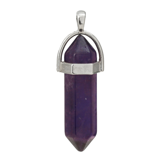 Picture of February Birthstone - (Grade B) Amethyst (Natural) Yoga Healing Gemstone Pendants Silver Tone Purple 4.1cm x1.4cm(1 5/8" x 4/8") - 3.7cm x1.3cm(1 4/8" x 4/8"), 1 Piece