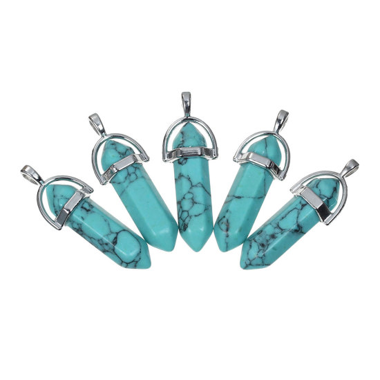 Picture of (Grade D) Howlite Imitated Turquoise Yoga Healing Pendants Bullet Silver Tone Peacock Green 4.1cm x1.4cm(1 5/8" x 4/8") - 3.7cm x1.3cm(1 4/8" x 4/8"), 1 Piece