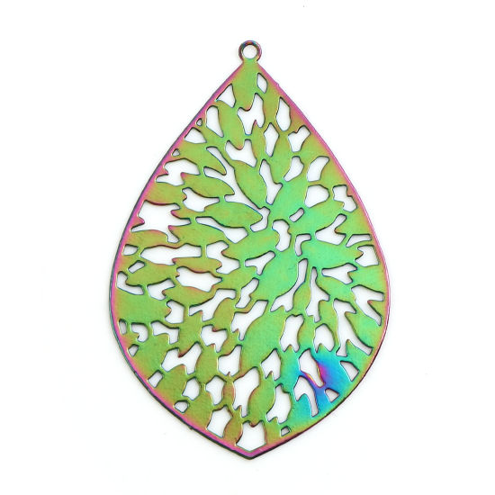 Immagine di Lega di Ferro Filigree Stamping Ciondoli Olive Multicolore Foglia Colore Placcato 5cm x 3.3cm , 5 Pz