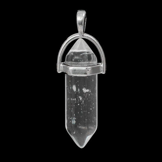(グレードB)  天然 白水晶  チャクラ 宝石ペンダント  シルバートーン クリア 4.1cm x1.4cm - 3.7cm x1.3cm、 1 個 の画像