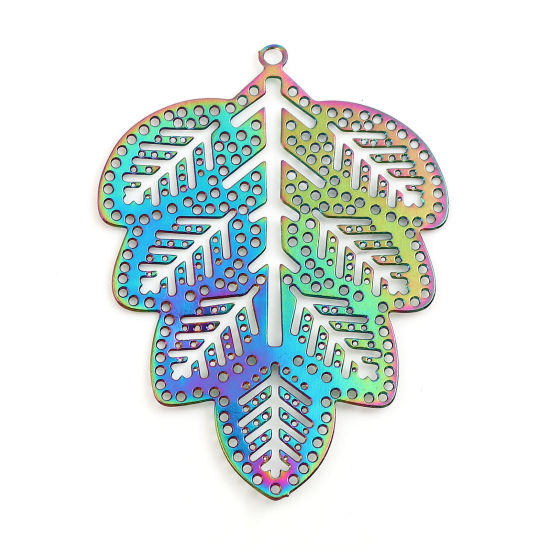Immagine di Lega di Ferro Filigree Stamping Ciondoli Foglia Multicolore Colore Placcato 4.6cm x 3.4cm , 5 Pz