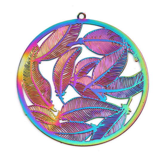 Immagine di Lega di Ferro Filigree Stamping Ciondoli Tondo Multicolore Foglia Colore Placcato 4.6cm x 4.5cm , 5 Pz