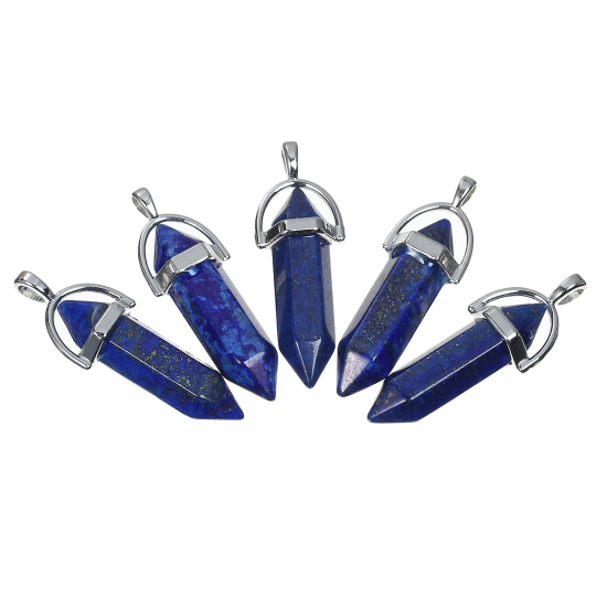 Picture of December Birthstone - (Grade B) Lapis Lazuli (Natural) Yoga Healing Gemstone Pendants Silver Tone Deep Blue 4.1cm x1.4cm(1 5/8" x 4/8") - 3.7cm x1.3cm(1 4/8" x 4/8"), 1 Piece
