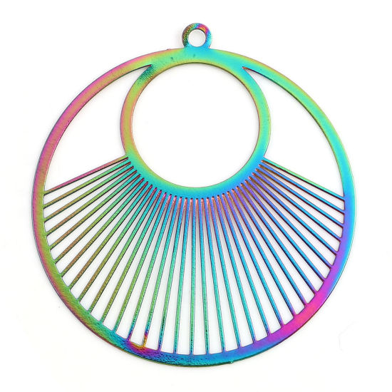 Immagine di Lega di Ferro Filigree Stamping Ciondoli Tondo Multicolore Striscia Colore Placcato 4.3cm x 4cm , 5 Pz