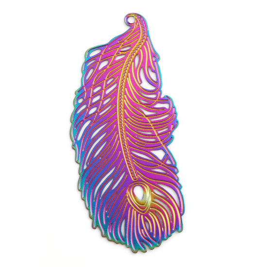 Immagine di Lega di Ferro Filigree Stamping Ciondoli Piuma Multicolore Colore Placcato 6cm x 2.7cm , 5 Pz