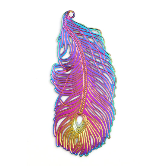 Immagine di Lega di Ferro Filigree Stamping Ciondoli Piuma Multicolore Colore Placcato 6cm x 2.7cm , 5 Pz