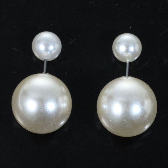 Picture of Acrylic Pearl Imitation Double Sided Ear Post Stud Earrings Ball Ivory 8mm( 3/8") Dia. 16mm( 5/8") Dia., Post/ Wire Size: (21 gauge), 10 Pairs