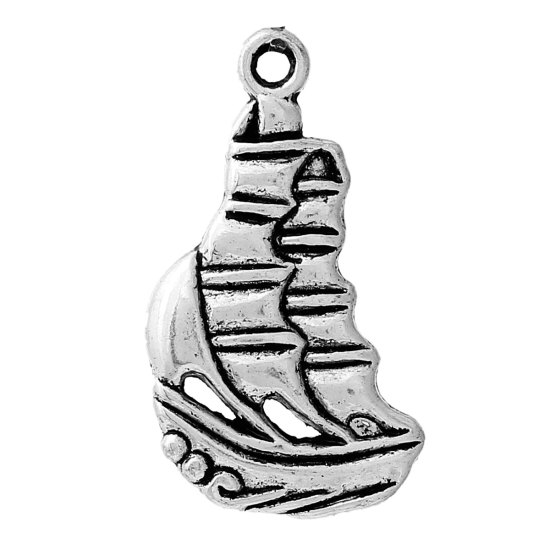 Picture of Zinc Based Alloy Charms Sailing Boat Antique Silver Color 22mm( 7/8") x 13mm( 4/8"), 50 PCs