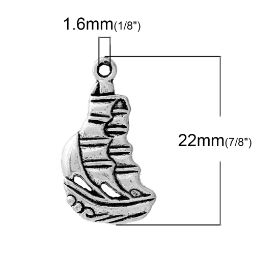 Picture of Zinc Based Alloy Charms Sailing Boat Antique Silver Color 22mm( 7/8") x 13mm( 4/8"), 50 PCs