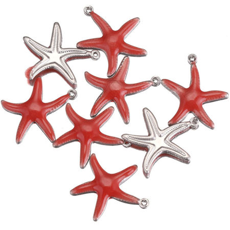 Picture of Stainless Steel Ocean Jewelry Charms Starfish Silver Tone Orange-red Enamel 22mm x 20.5mm, 5 PCs