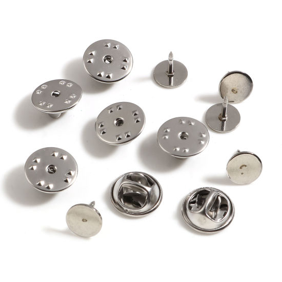 Picture of Stainless Steel Pin Brooches Round Silver Tone 12mm Dia., 9mm x 8mm, 10 Sets (2 Pcs/Set)