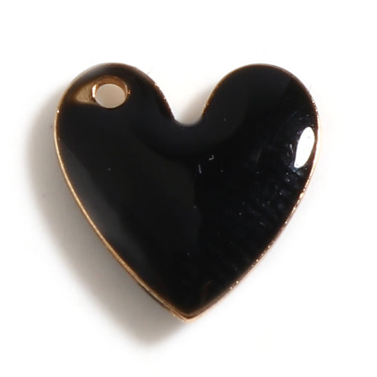 Bild von Messing Valentinstag Charms Herz Vergoldet Schwarz Doppelseitige emaillierte Pailletten 10mm x 10mm, 5 Stück                                                                                                                                                  