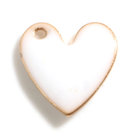 Bild von Messing Valentinstag Charms Herz Vergoldet Weiß Doppelseitige emaillierte Pailletten 10mm x 10mm, 5 Stück