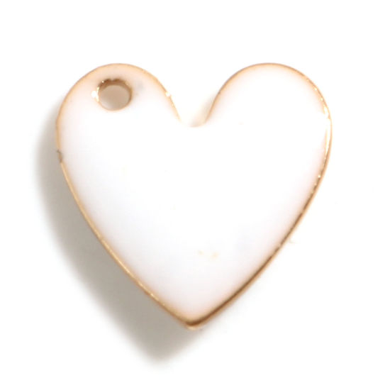 Bild von Messing Valentinstag Charms Herz Vergoldet Weiß Doppelseitige emaillierte Pailletten 10mm x 10mm, 5 Stück                                                                                                                                                     