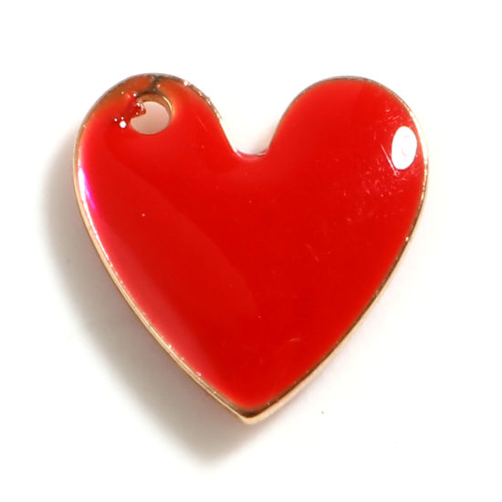 Bild von Messing Valentinstag Charms Herz Vergoldet Rot Doppelseitige emaillierte Pailletten 10mm x 10mm, 5 Stück                                                                                                                                                      
