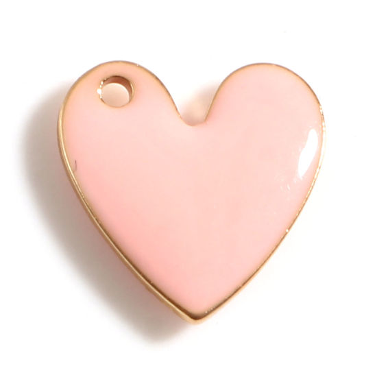 Bild von Messing Valentinstag Charms Herz Vergoldet Pfirsichrosa Doppelseitige emaillierte Pailletten 10mm x 10mm, 5 Stück                                                                                                                                             