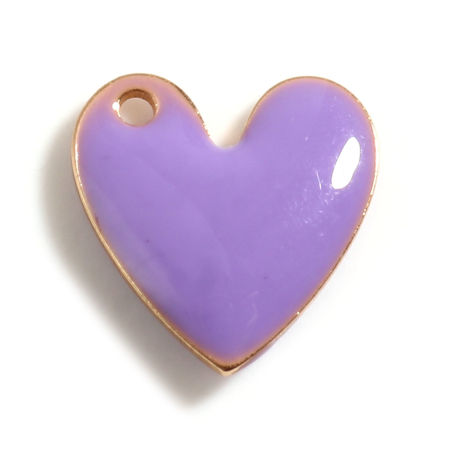Bild von Messing Valentinstag Charms Herz Vergoldet Helllila Doppelseitige emaillierte Pailletten 10mm x 10mm, 5 Stück