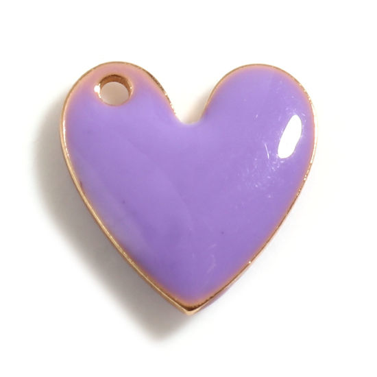Bild von Messing Valentinstag Charms Herz Vergoldet Helllila Doppelseitige emaillierte Pailletten 10mm x 10mm, 5 Stück                                                                                                                                                 
