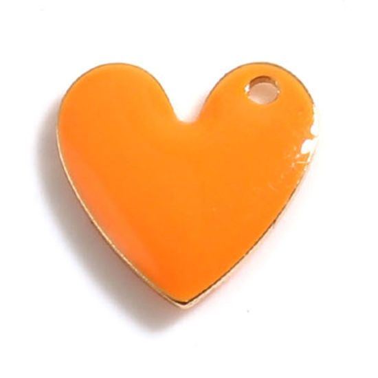 Bild von Messing Valentinstag Charms Herz Vergoldet Orange Doppelseitige emaillierte Pailletten 10mm x 10mm, 5 Stück                                                                                                                                                   