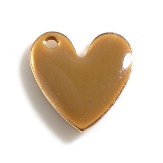Bild von Messing Valentinstag Charms Herz Vergoldet Kaffeebraun Doppelseitige emaillierte Pailletten 10mm x 10mm, 5 Stück                                                                                                                                              
