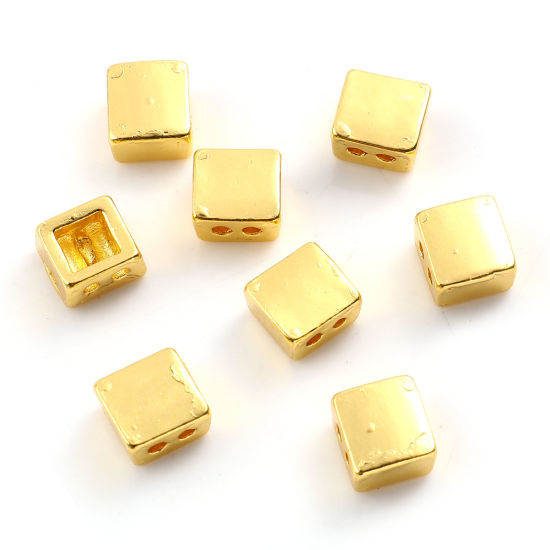Bild von Zinklegierung Zwischenperlen Spacer Perlen 2 Löcher Quadrat Vergoldet ca. 6mm x 6mm, Loch:ca. 1.2mm, 10 Stück