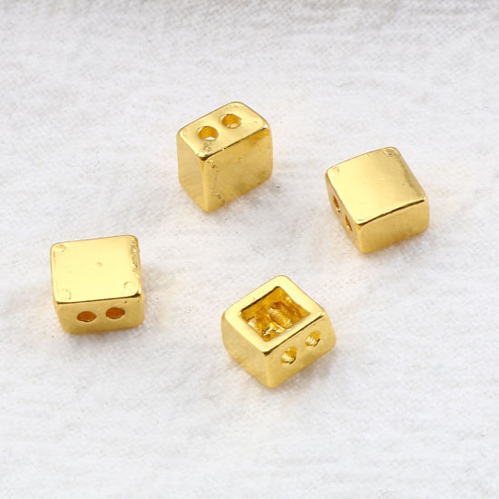 Bild von Zinklegierung Zwischenperlen Spacer Perlen 2 Löcher Quadrat Vergoldet ca. 6mm x 6mm, Loch:ca. 1.2mm, 10 Stück