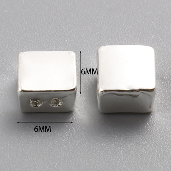 Picture of Zinc Based Alloy Spacer Beads 2 Holes Square Silver Plated About 6mm x 6mm, Hole: Approx 1.2mm, 10 PCs