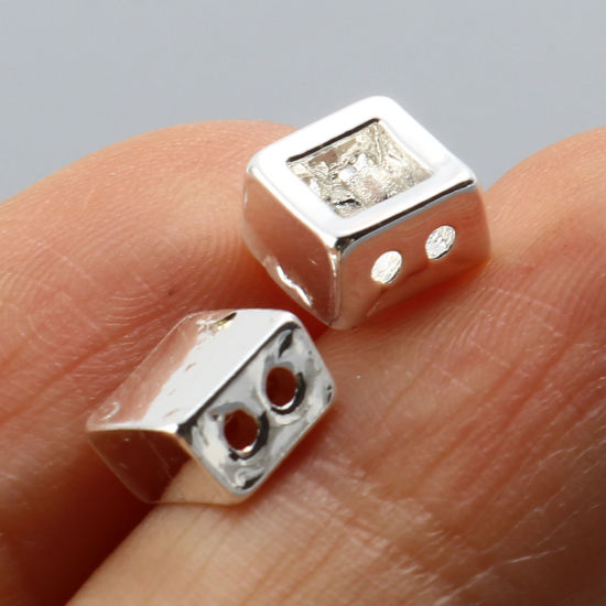 Picture of Zinc Based Alloy Spacer Beads 2 Holes Square Silver Plated About 6mm x 6mm, Hole: Approx 1.2mm, 10 PCs